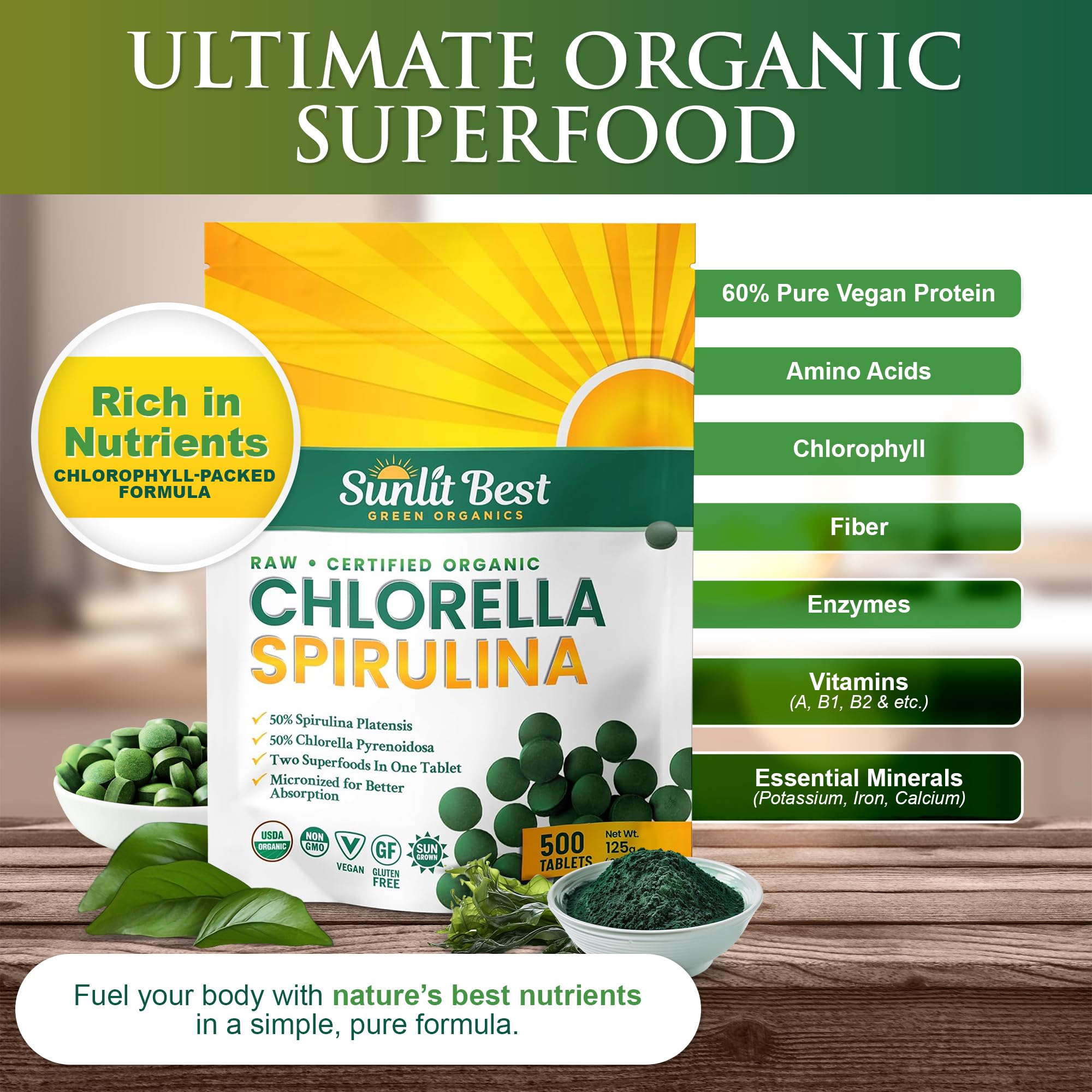 Close-up of 250 mg chlorella spirulina tablet