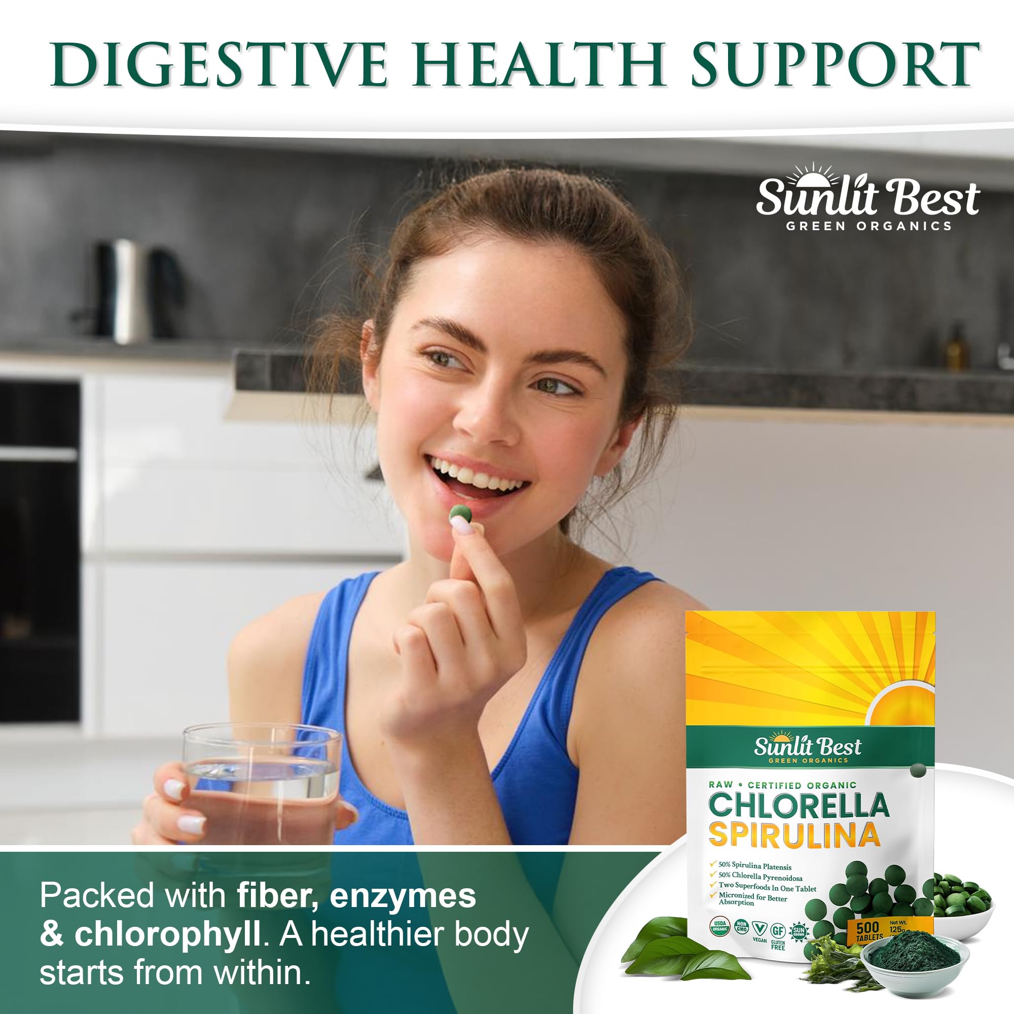 Nutrient-rich blend including chlorophyll and protein icons