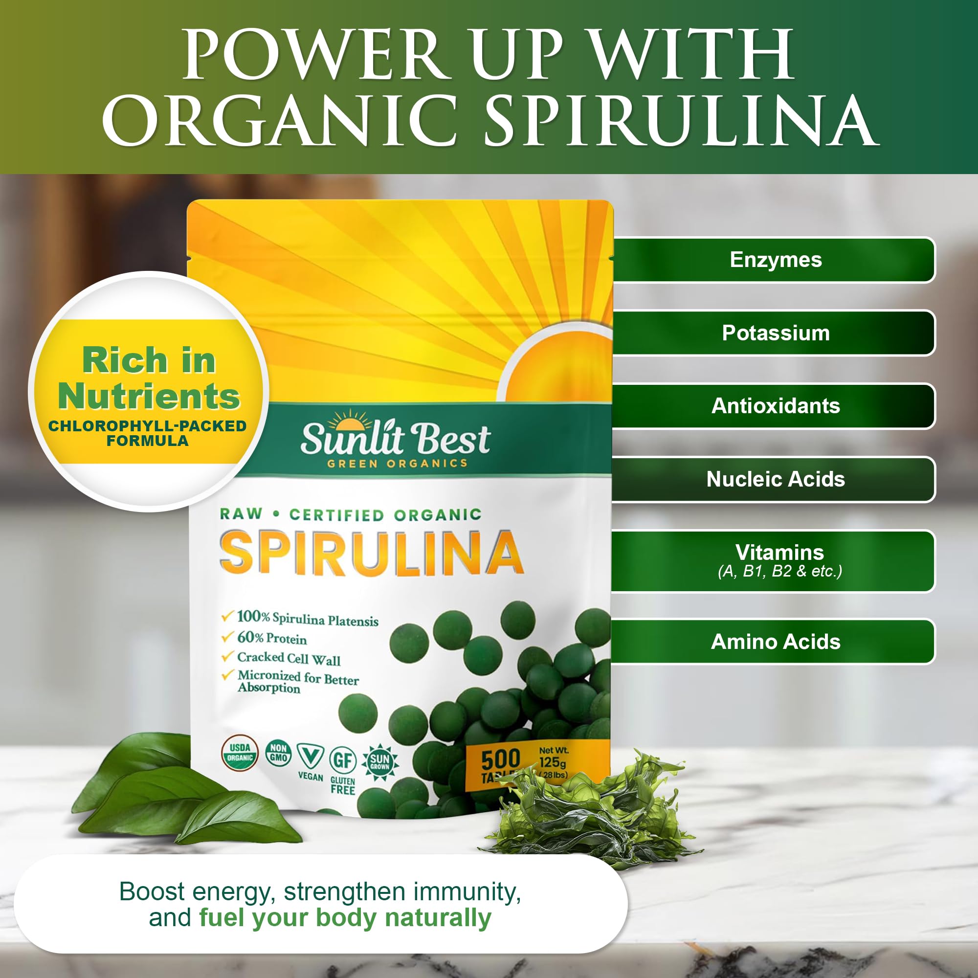 Close-up of Sunlit Best Spirulina tablets bottle