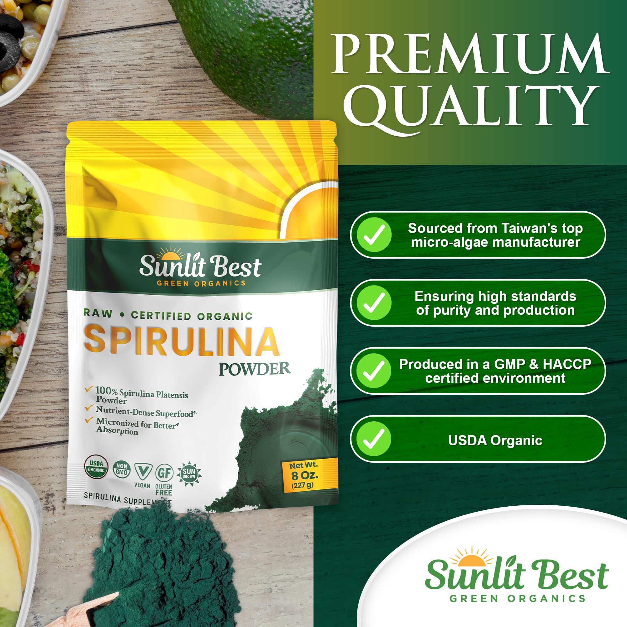 USDA Organic certification seal with spirulina powder