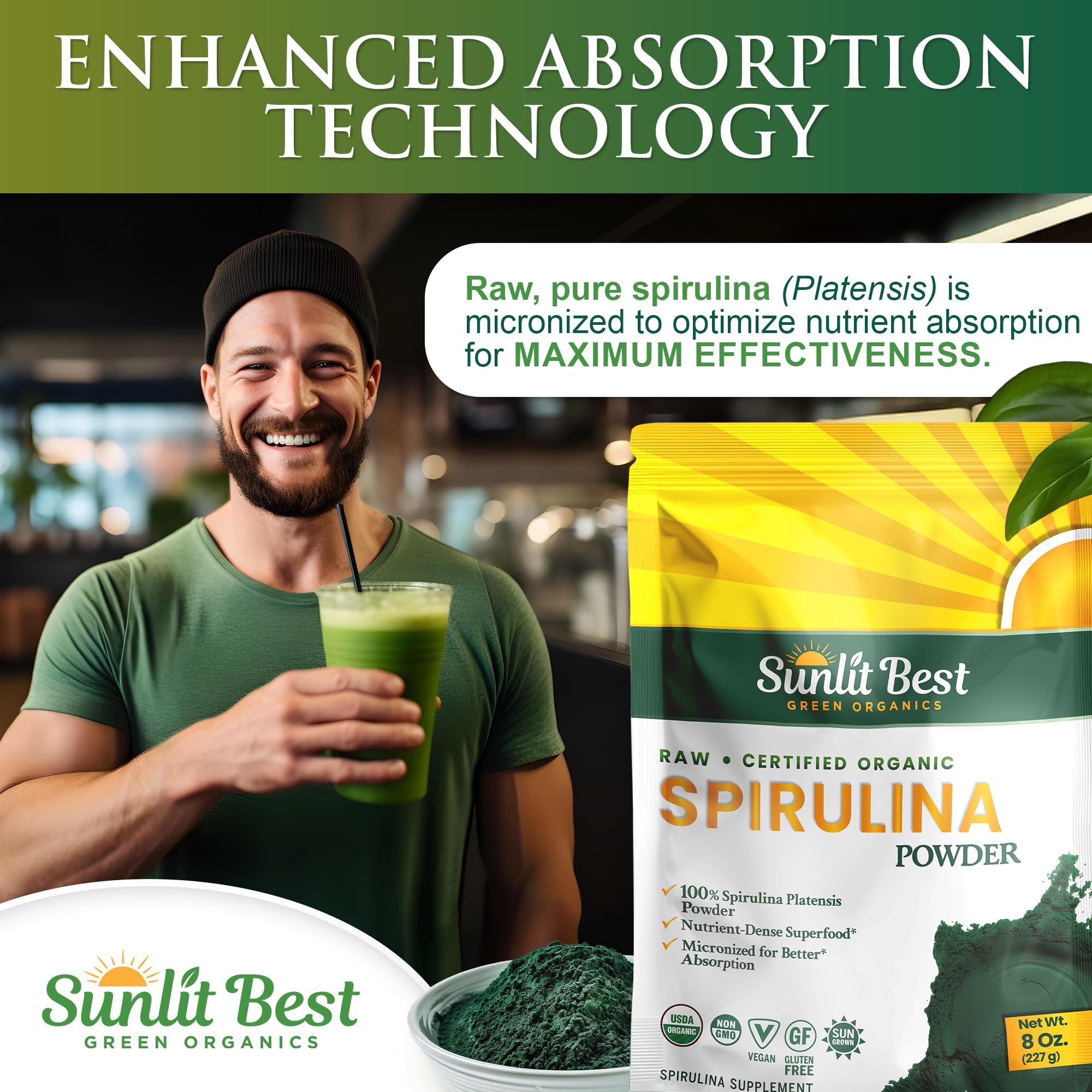Green spirulina powder with vegan protein and minerals