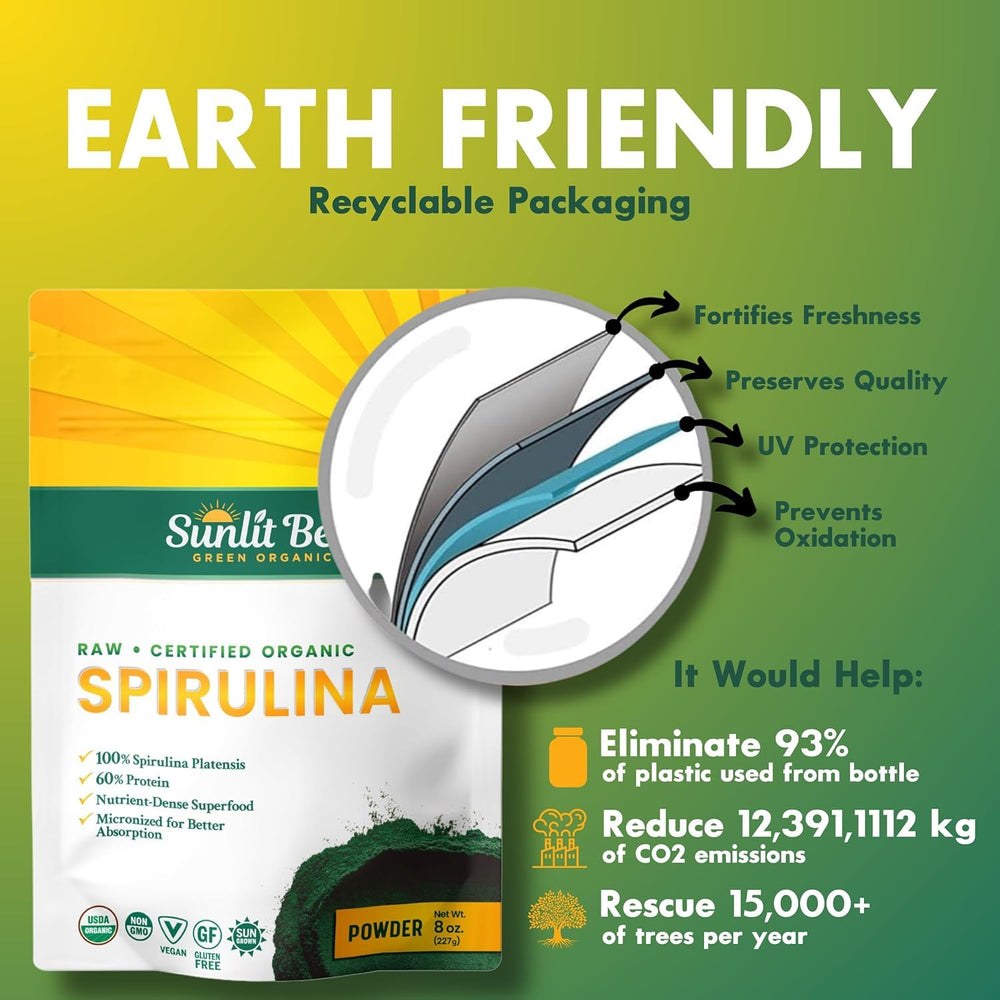 8 oz Sunlit Spirulina powder package on wooden surface