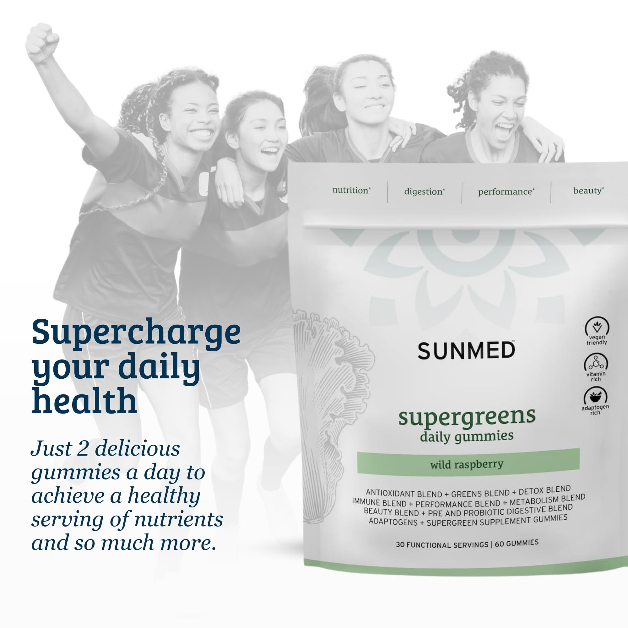 Sunlight on wooden surface with SUNMED Supergreens logo and product