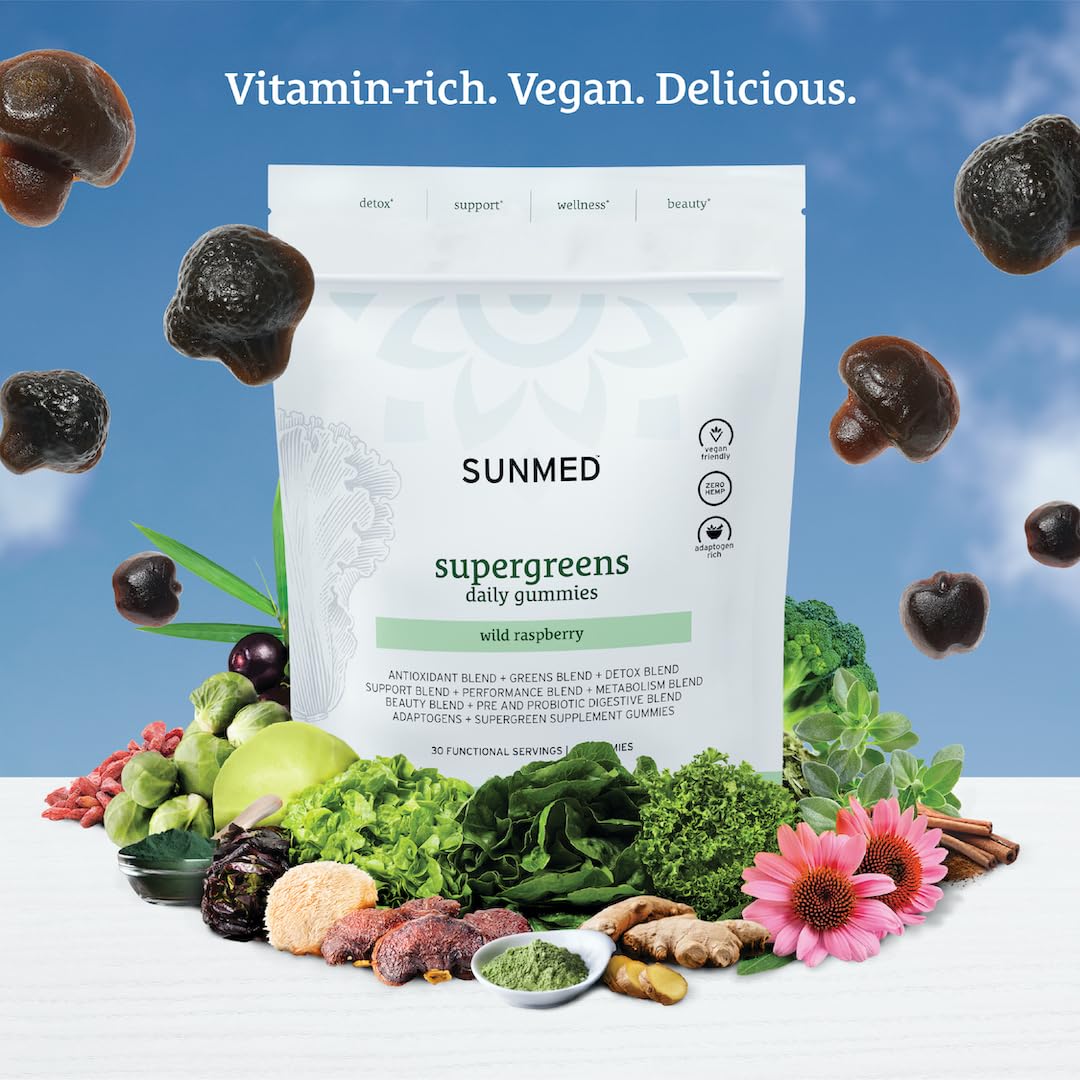 Close-up of SUNMED Supergreens Daily Gummies in Wild Raspberry flavor