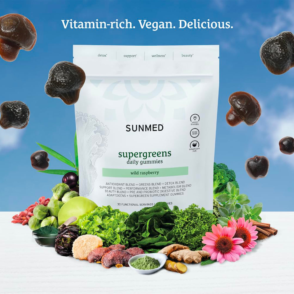 Close-up of SUNMED Supergreens Daily Gummies in Wild Raspberry flavor