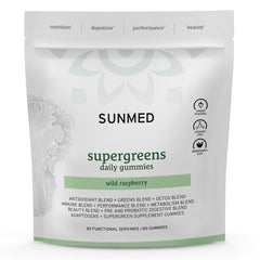 Packaging of SUNMED Supergreens Daily Gummies in Wild Raspberry flavor
