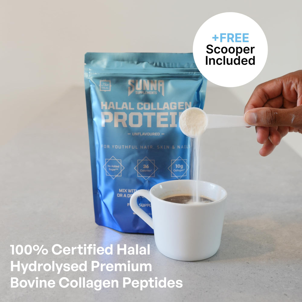 Serving scoop with collagen powder showing 36 calories per serving