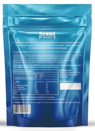 Close-up of collagen powder container for Sunna Supplements