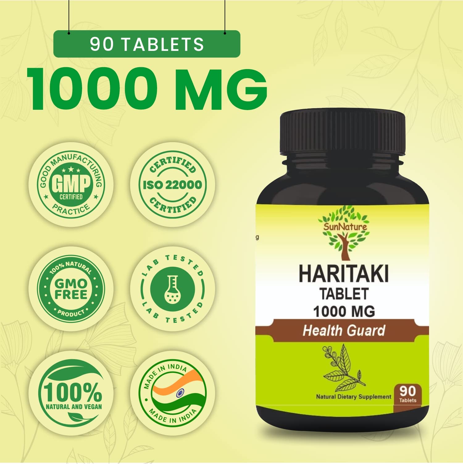 Packaging shot of SunNature Haritaki tablets sourced from India