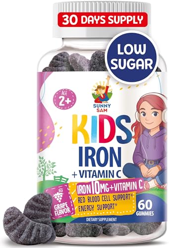 Bottle of Sunny Sam Iron Gummies for kids and teens with grape flavor
