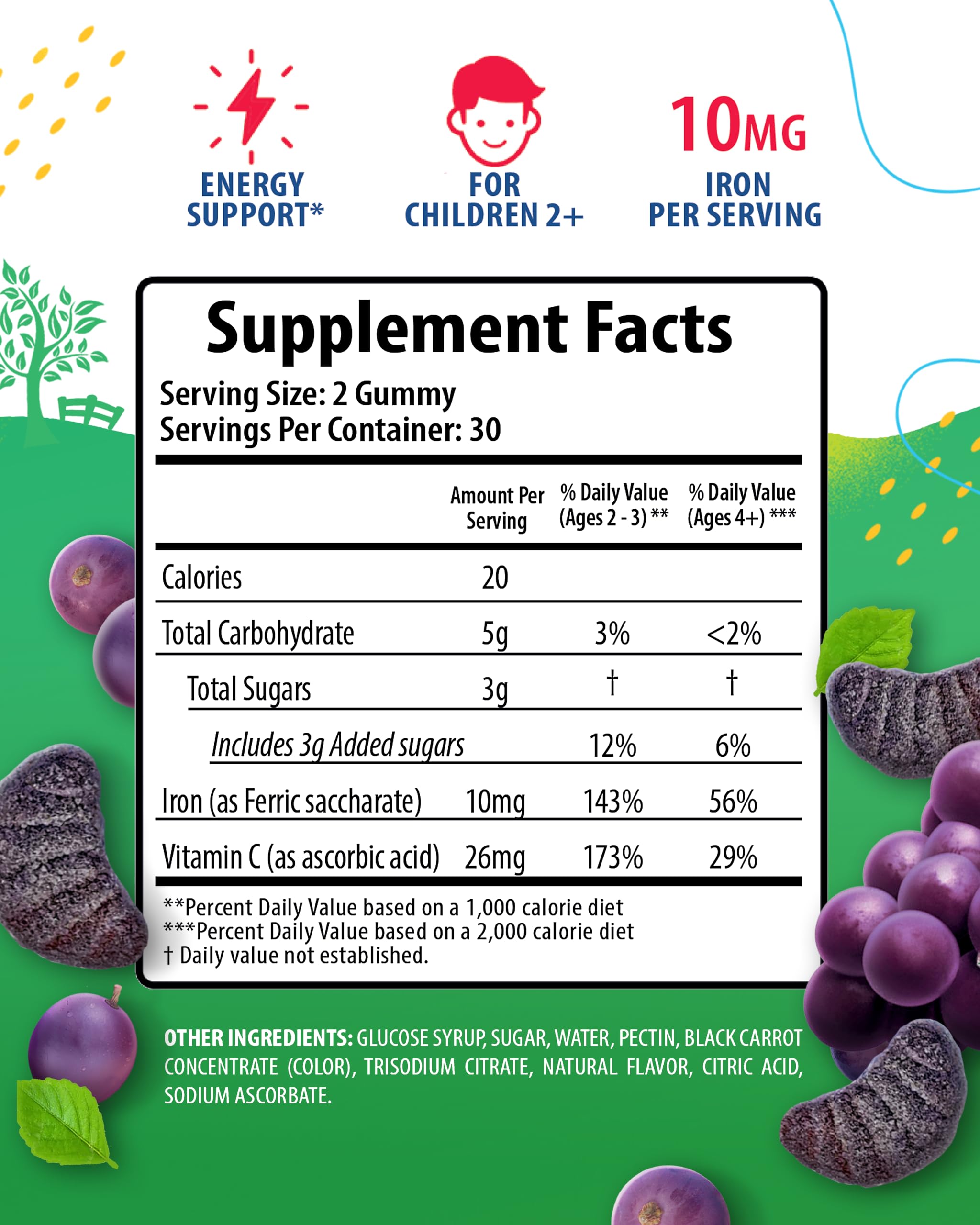 Close-up of grape-flavored Sunny Sam iron gummy