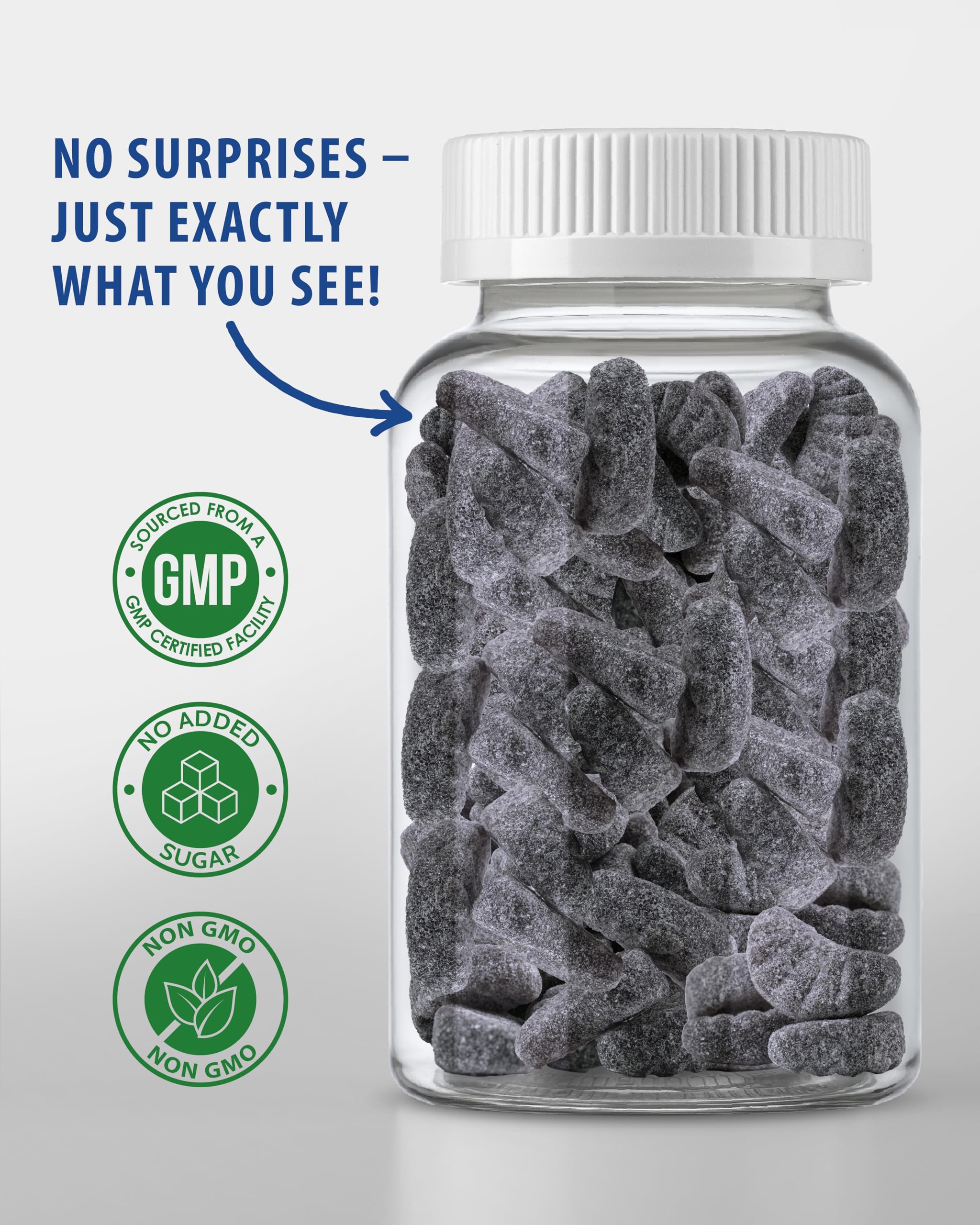 Ingredient panel showing vegetarian, pectin-based gummies