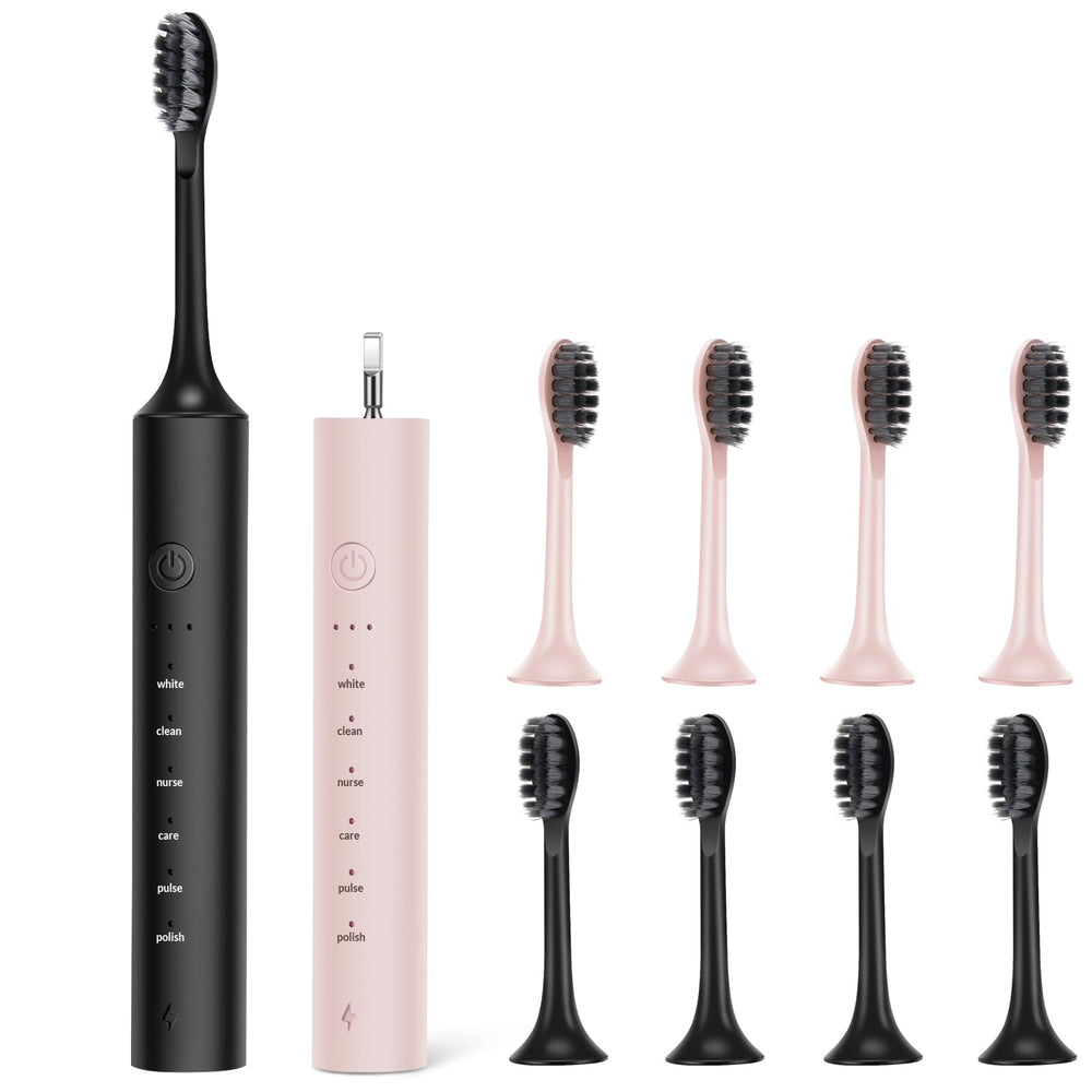 Front view of SUNPRO 2 Pack Sonic Electric Toothbrush in black and pink