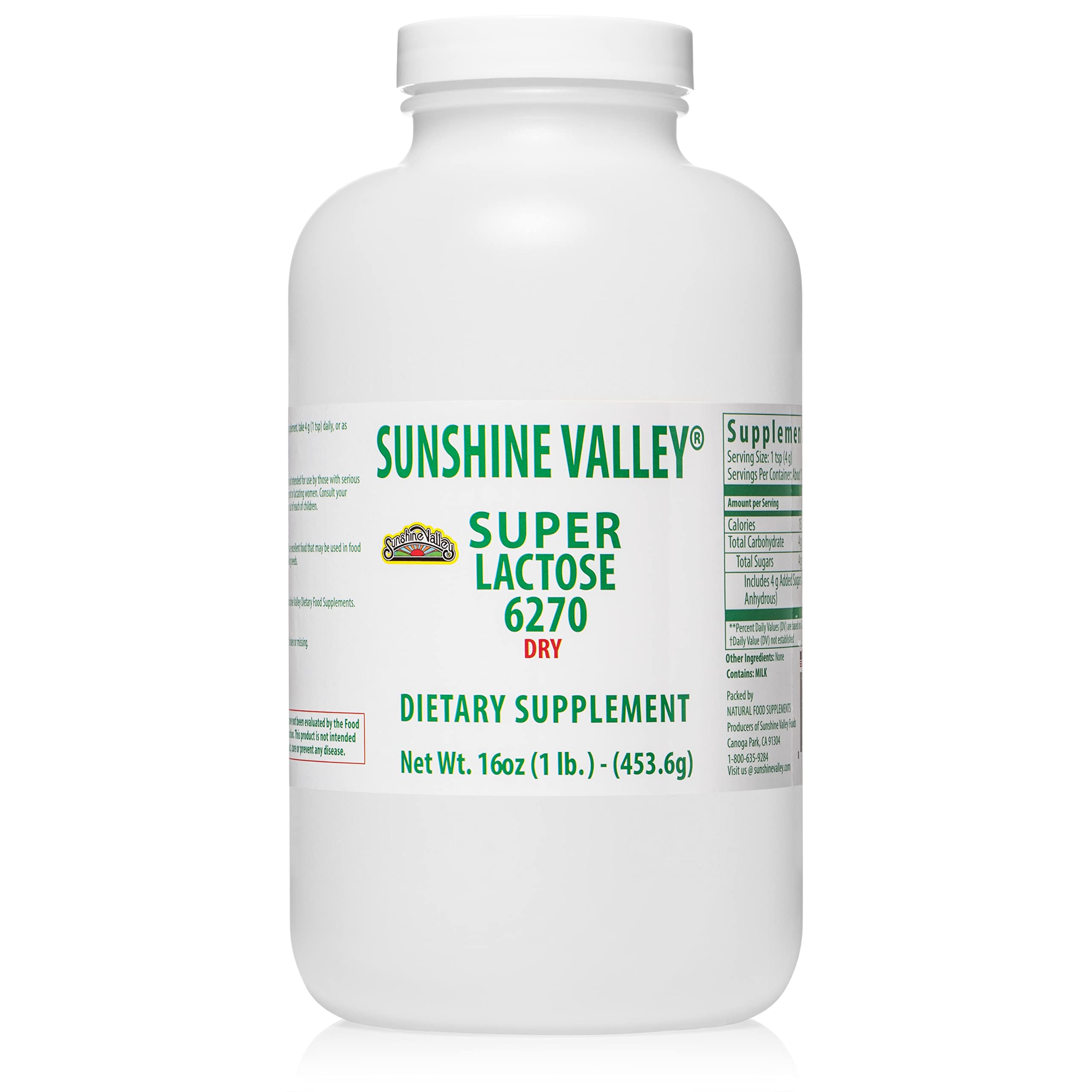 Sunshine Valley Super Lactose Dry Powder 16 oz free flow pour packaging