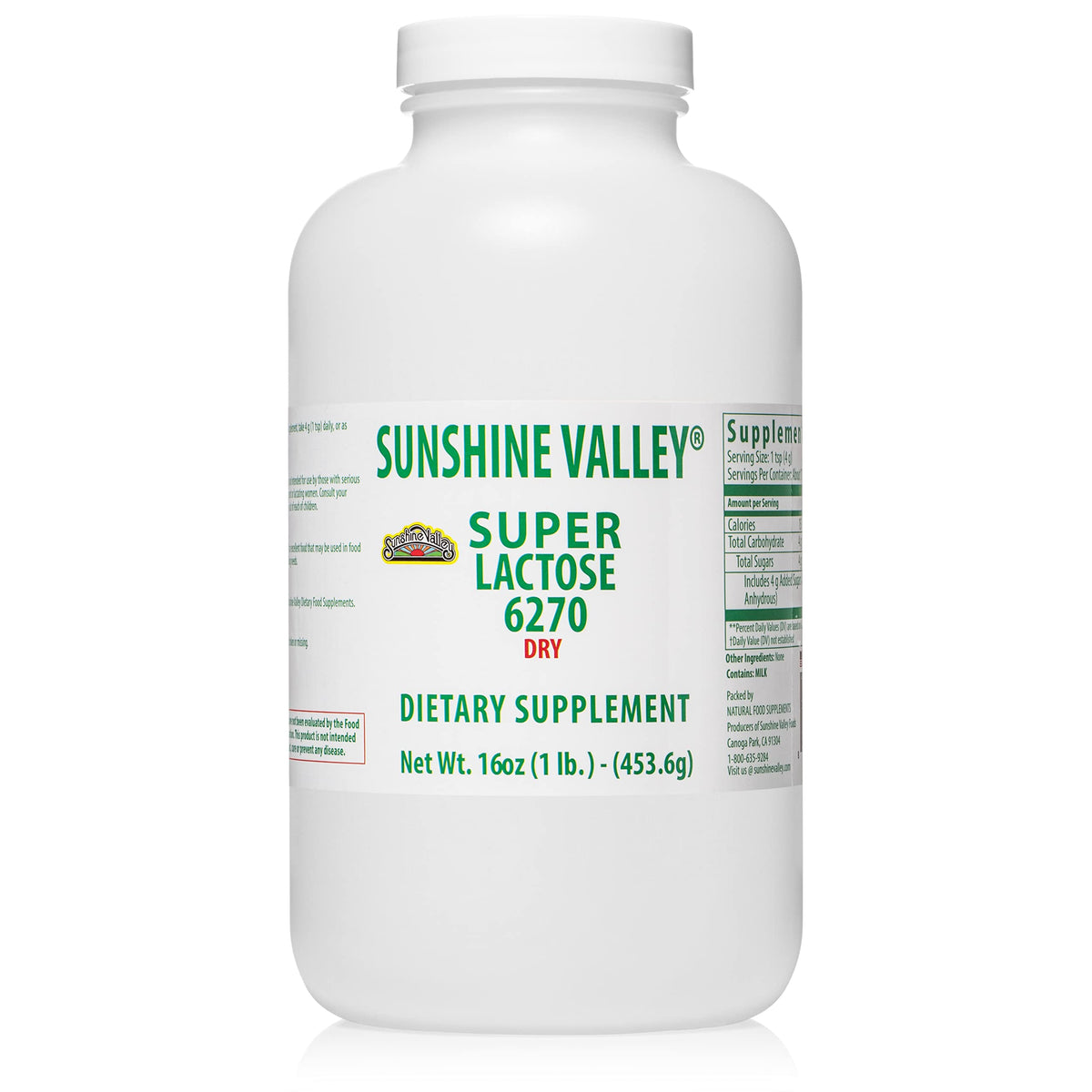 Sunshine Valley Super Lactose Dry Powder 16 oz free flow pour packaging