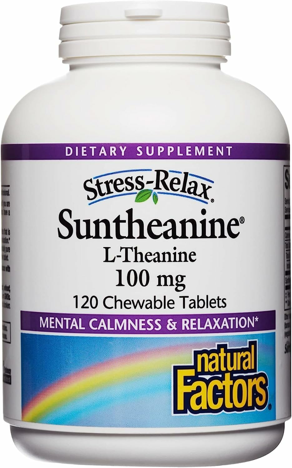 Front view of Natural Factors Suntheanine L-Theanine 100 mg chewable tablets