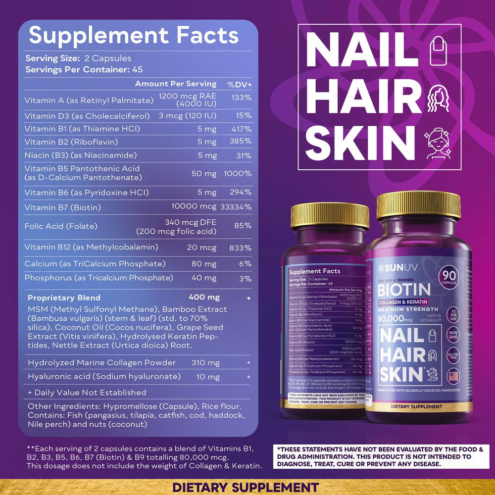 Label highlighting B-Vitamins and Hair Growth support on SUNUV bottle