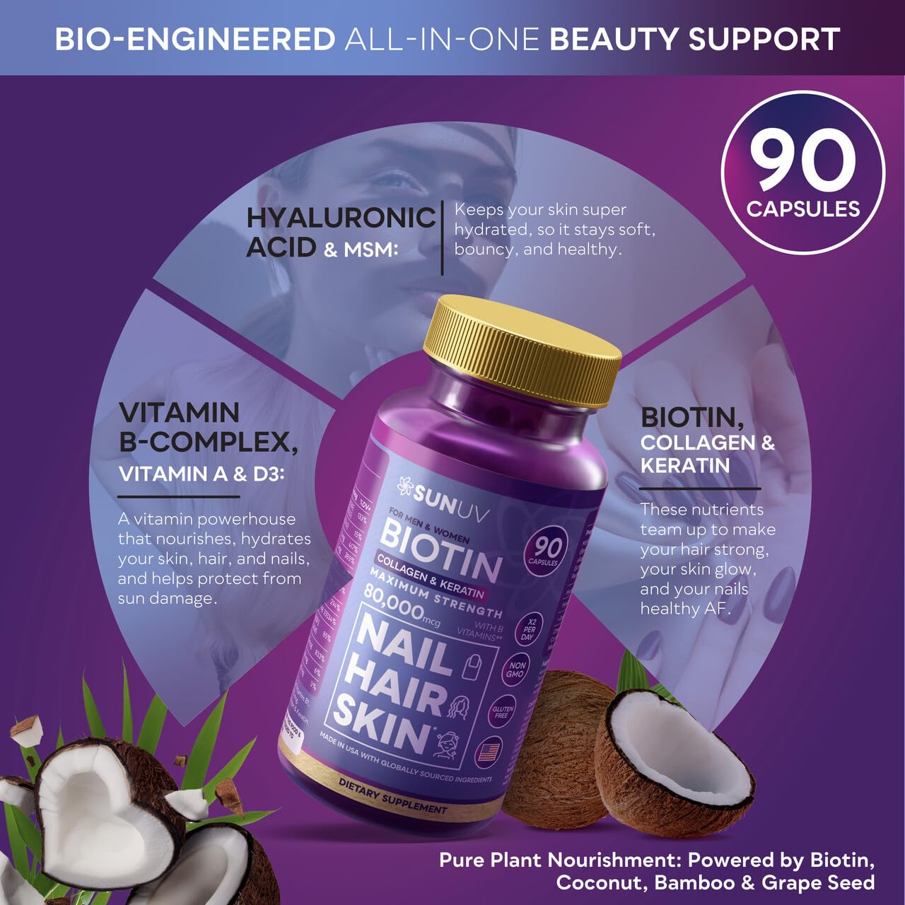 Close-up of SUNUV Biotin 10,000mcg bottle with Collagen & Keratin – image 01