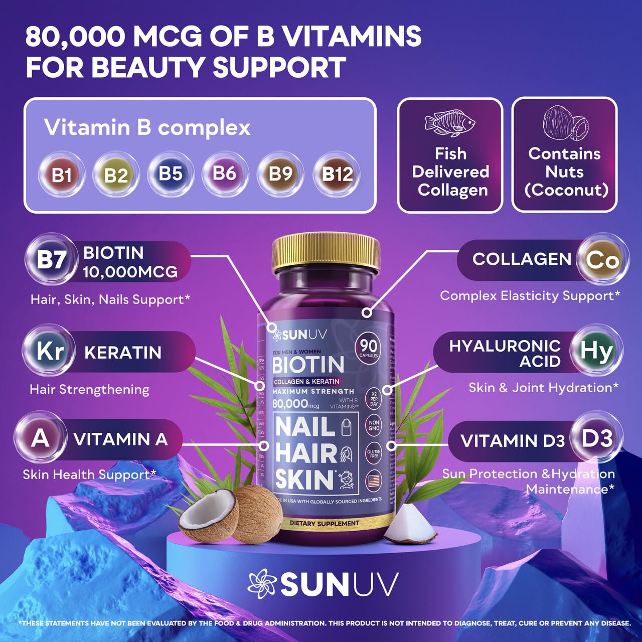 Close-up of SUNUV Biotin 10,000mcg bottle with Collagen & Keratin – image 02