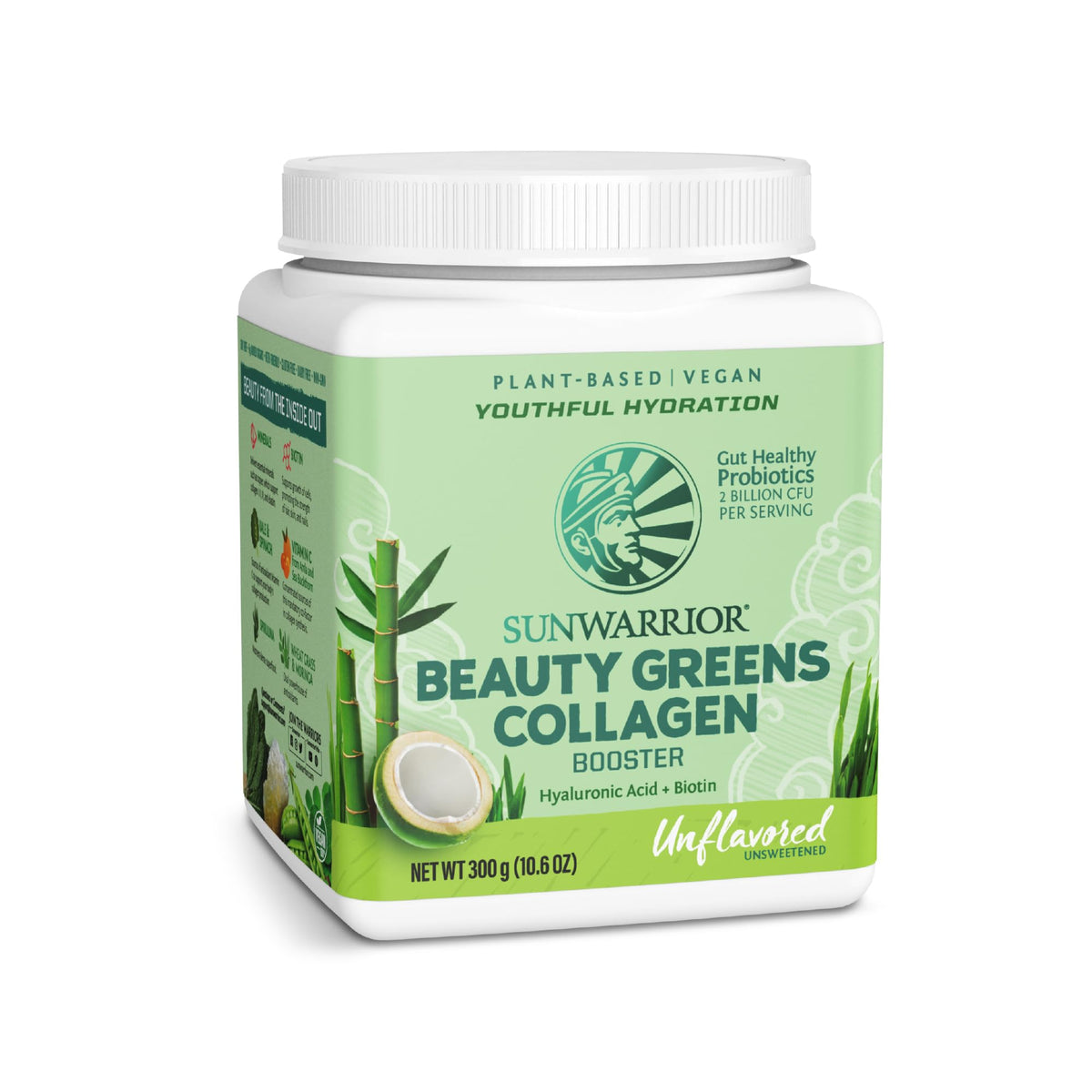 Front view of Sunwarrior Beauty Greens Collagen Booster Unflavored 10.6 oz (300 g) container