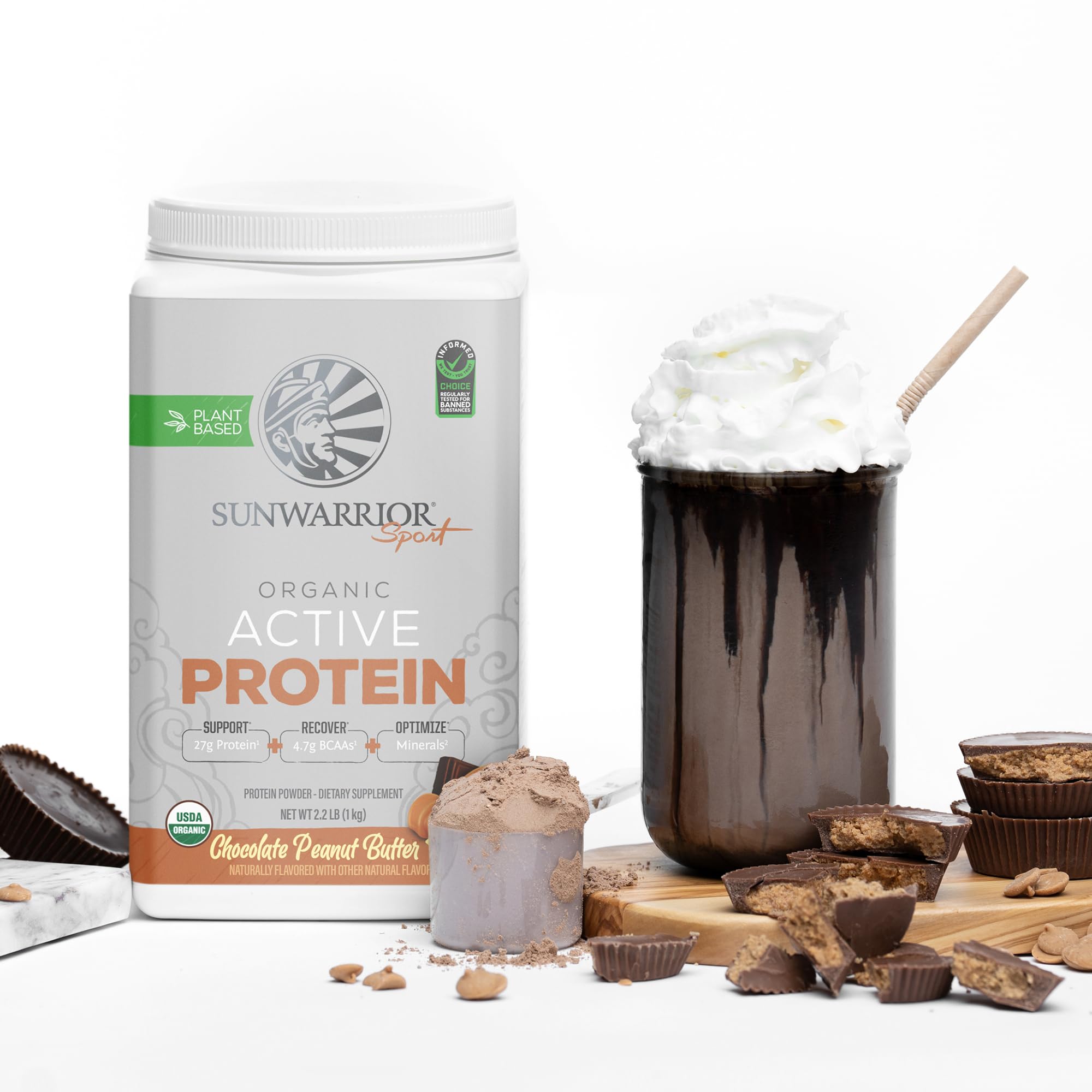 Prepared smoothie with Sunwarrior Chocolate Peanut Butter protein powder