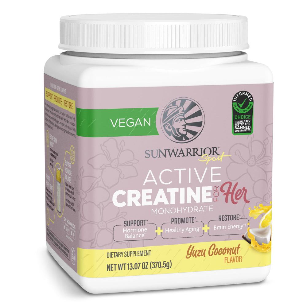 Sunwarrior Creatine Monohydrate powder bottle shows vegan performance support for workouts