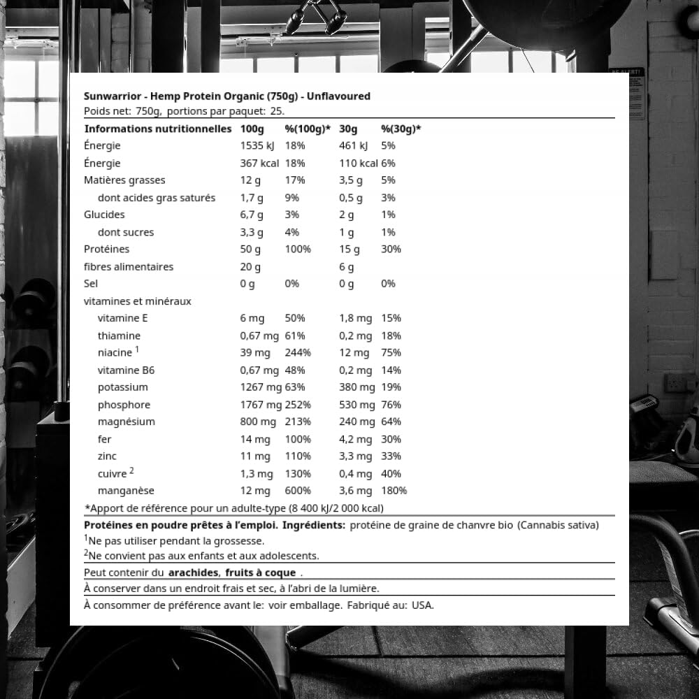 Nutrition facts label on Sunwarrior Hemp Protein 750 g packaging