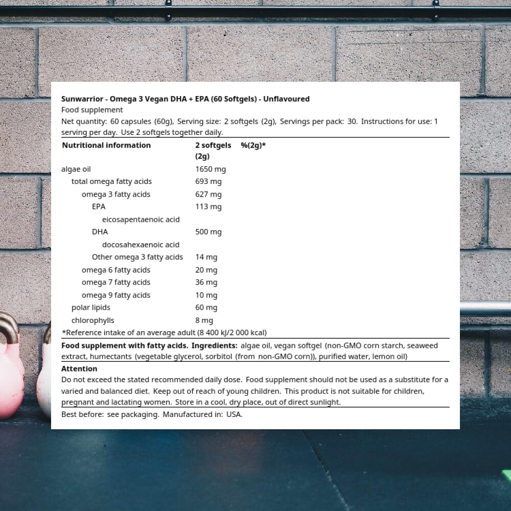 Close-up of two softgels from Sunwarrior algae-based omega-3 supplement