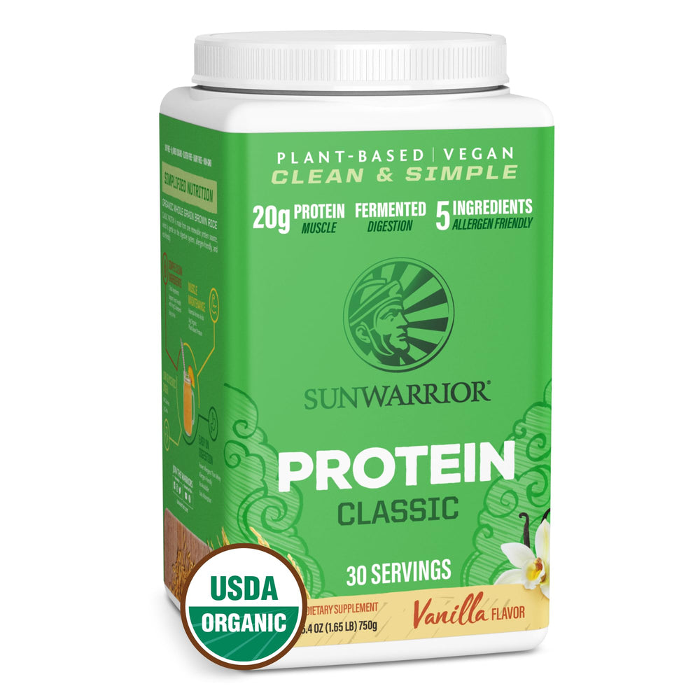 Sunwarrior Organic Classic Vanilla Protein bag shows plant-based nutrition for clean energy.