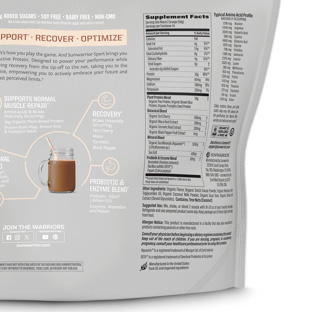 Close-up of chocolate Sunwarrior Plant-Based Protein Powder