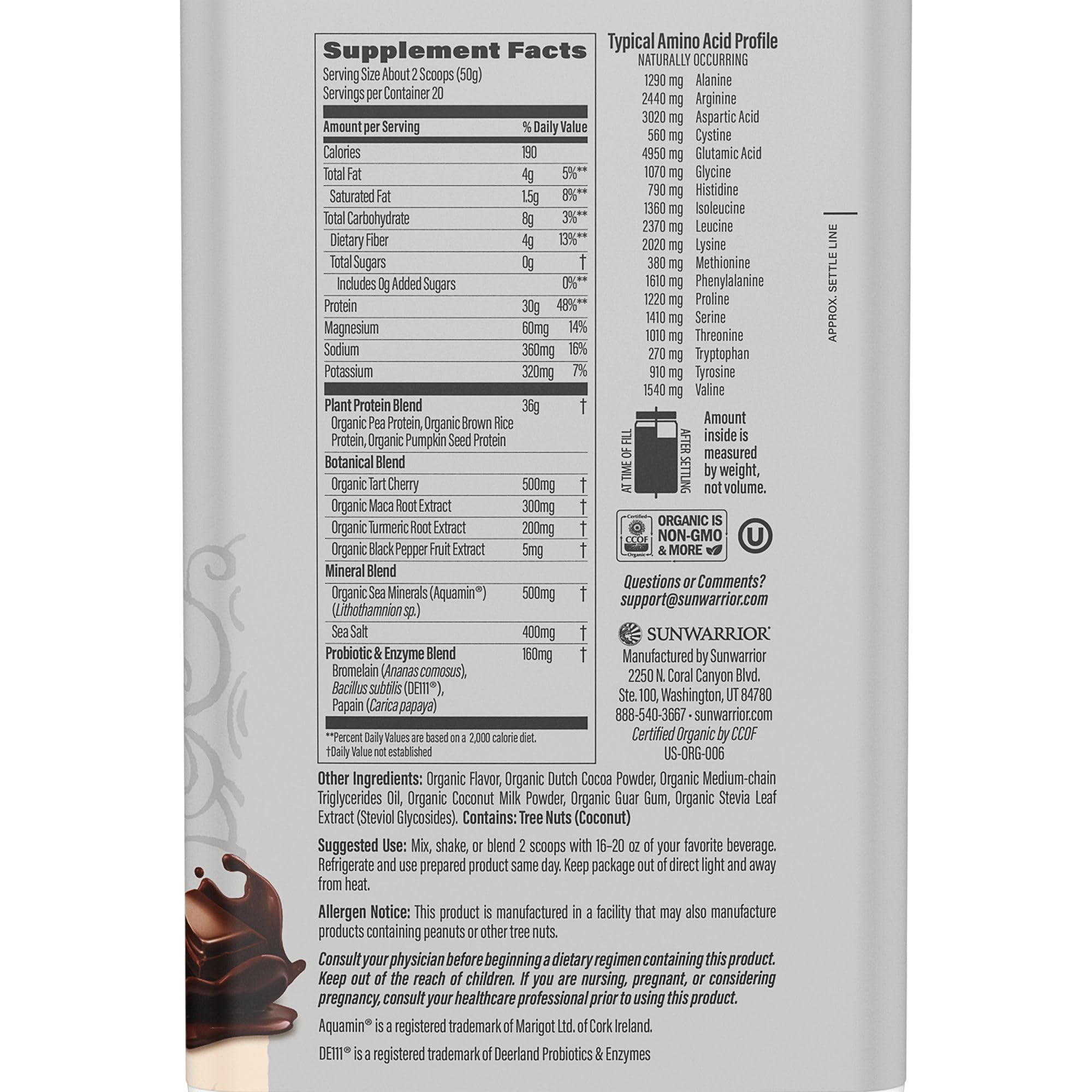 Sunwarrior organic plant-based chocolate protein powder back nutrition panel