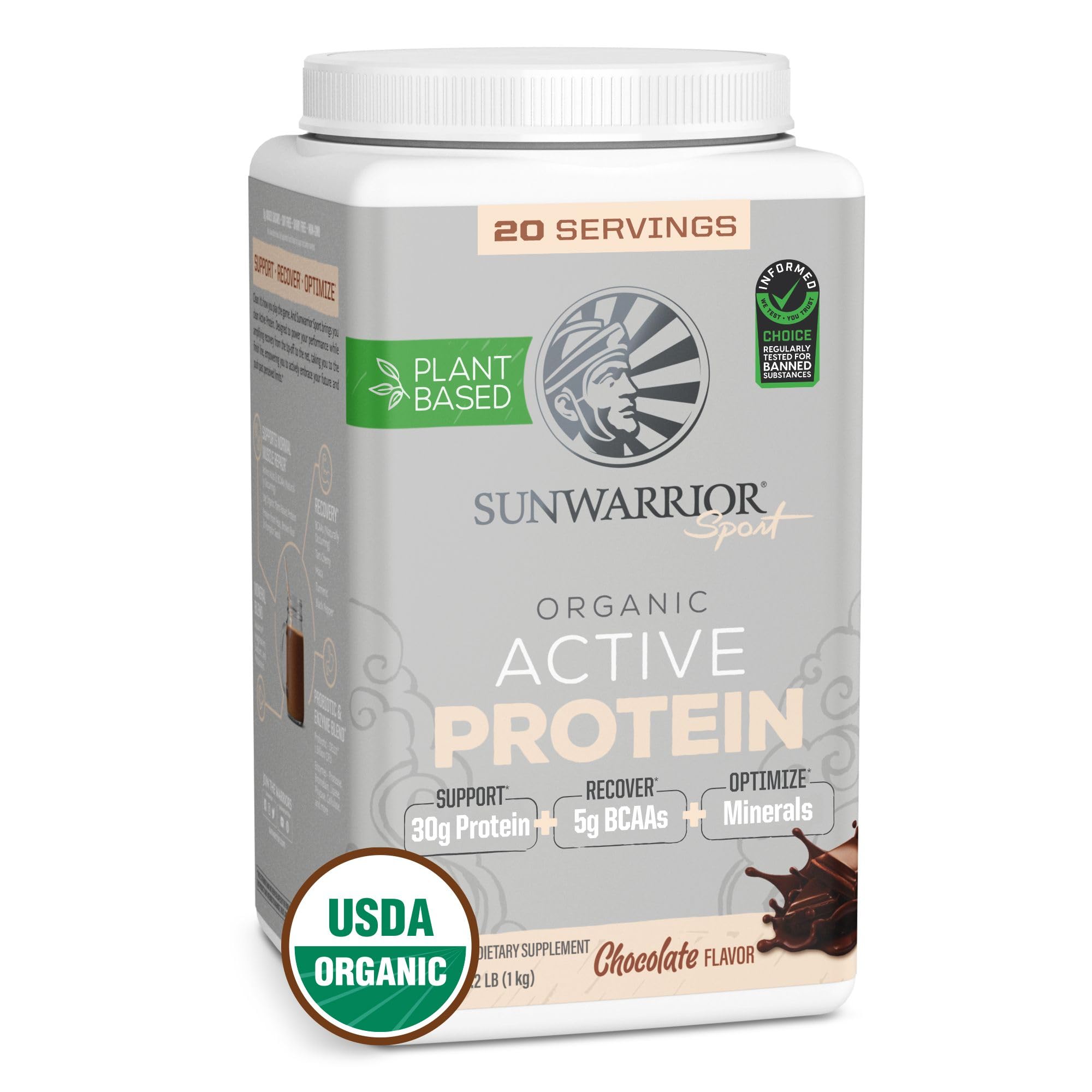Sunwarrior organic plant-based chocolate protein powder front view (20 servings)