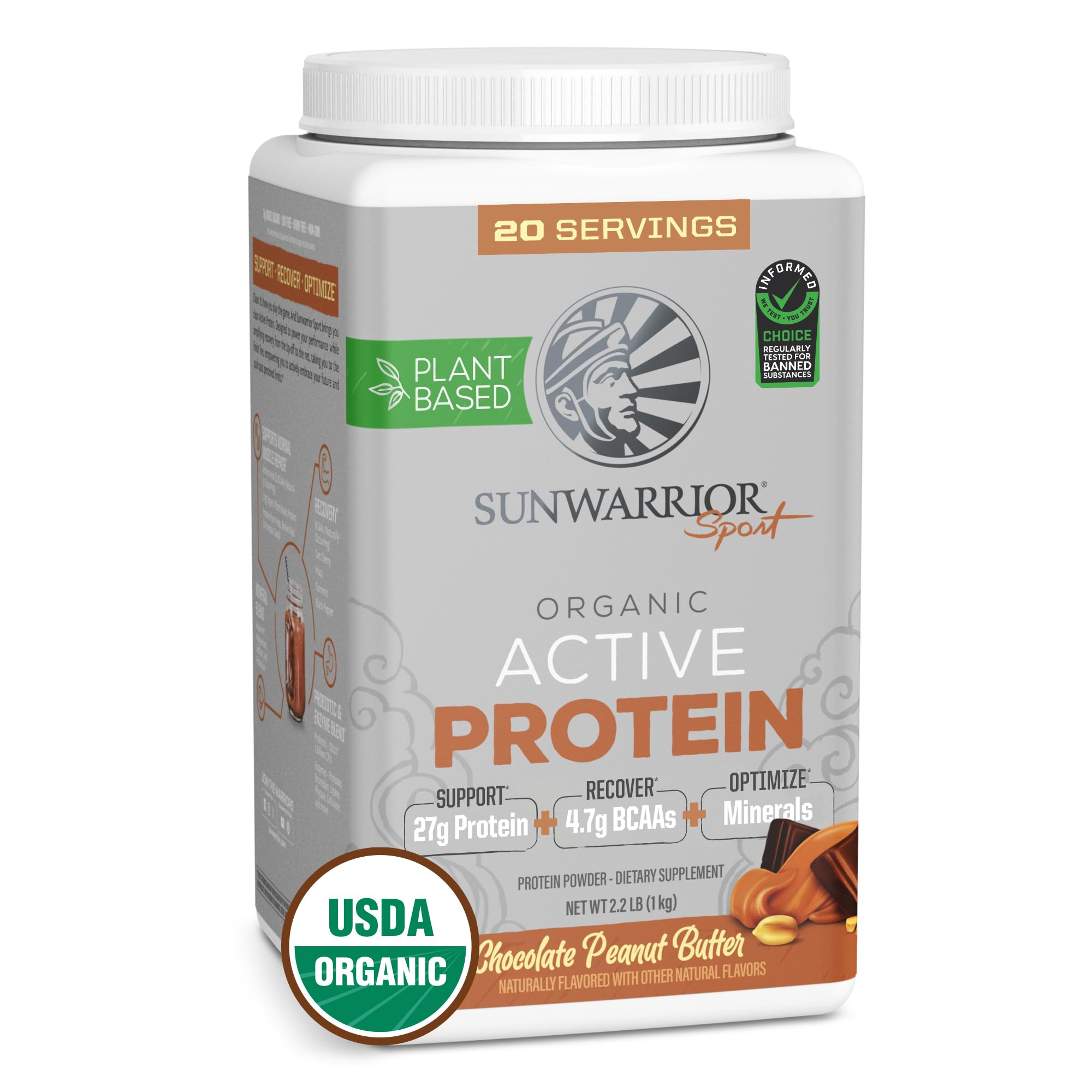 Sunwarrior Organic Plant Based Protein Powder Chocolate Peanut Butter flavor jar front