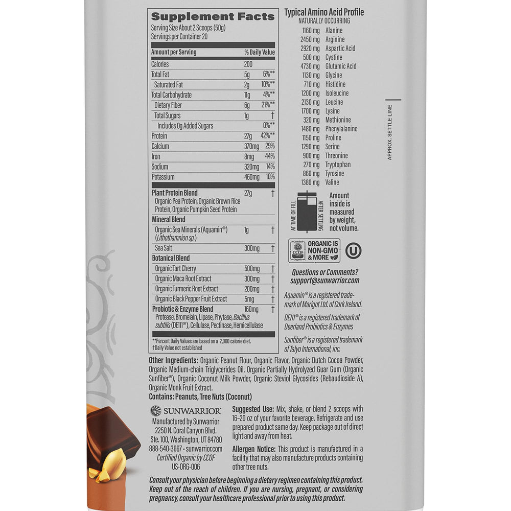 Sunwarrior Organic Plant Based Protein Powder Chocolate Peanut Butter label close-up