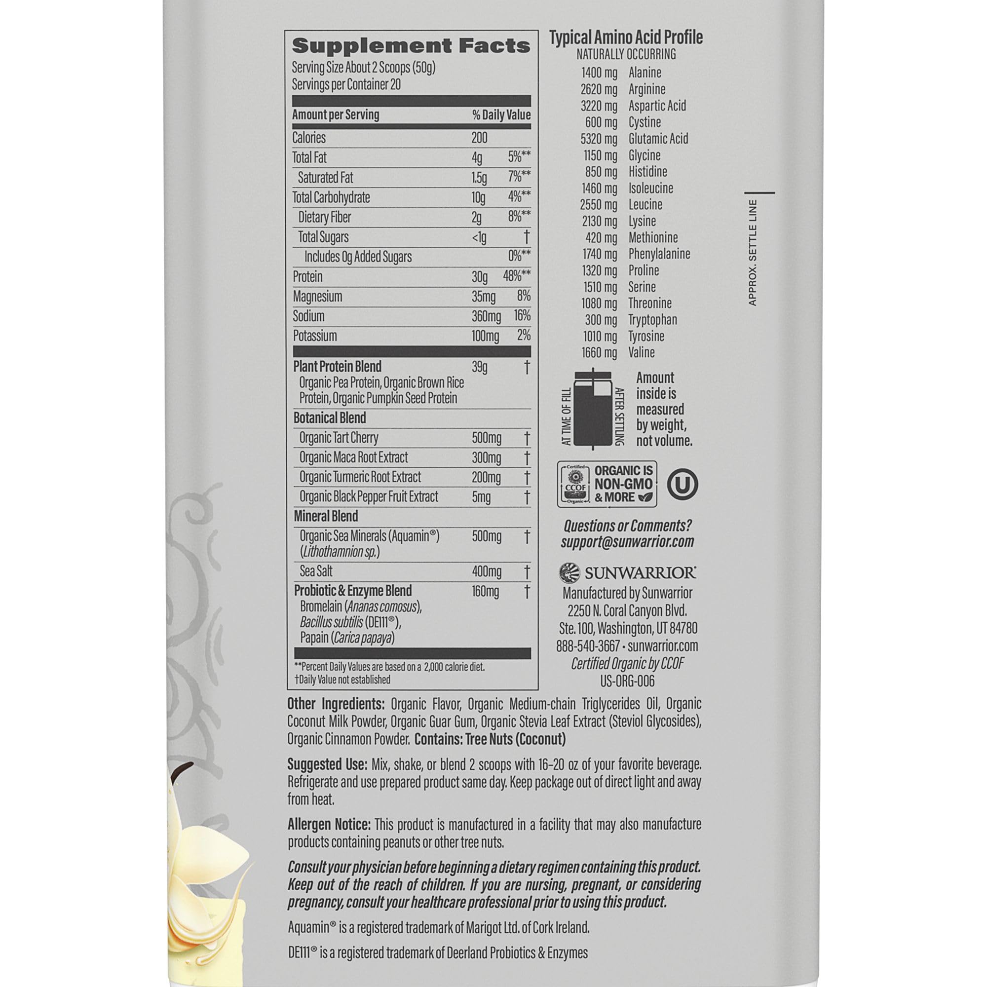 Vanilla protein powder in a scoop on a white surface