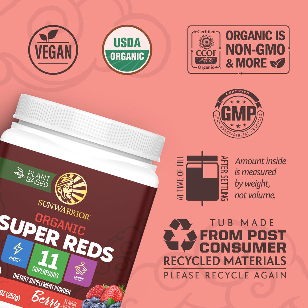 Sunwarrior Organic Super Reds berries blend with blueberries and acai for antioxidant support