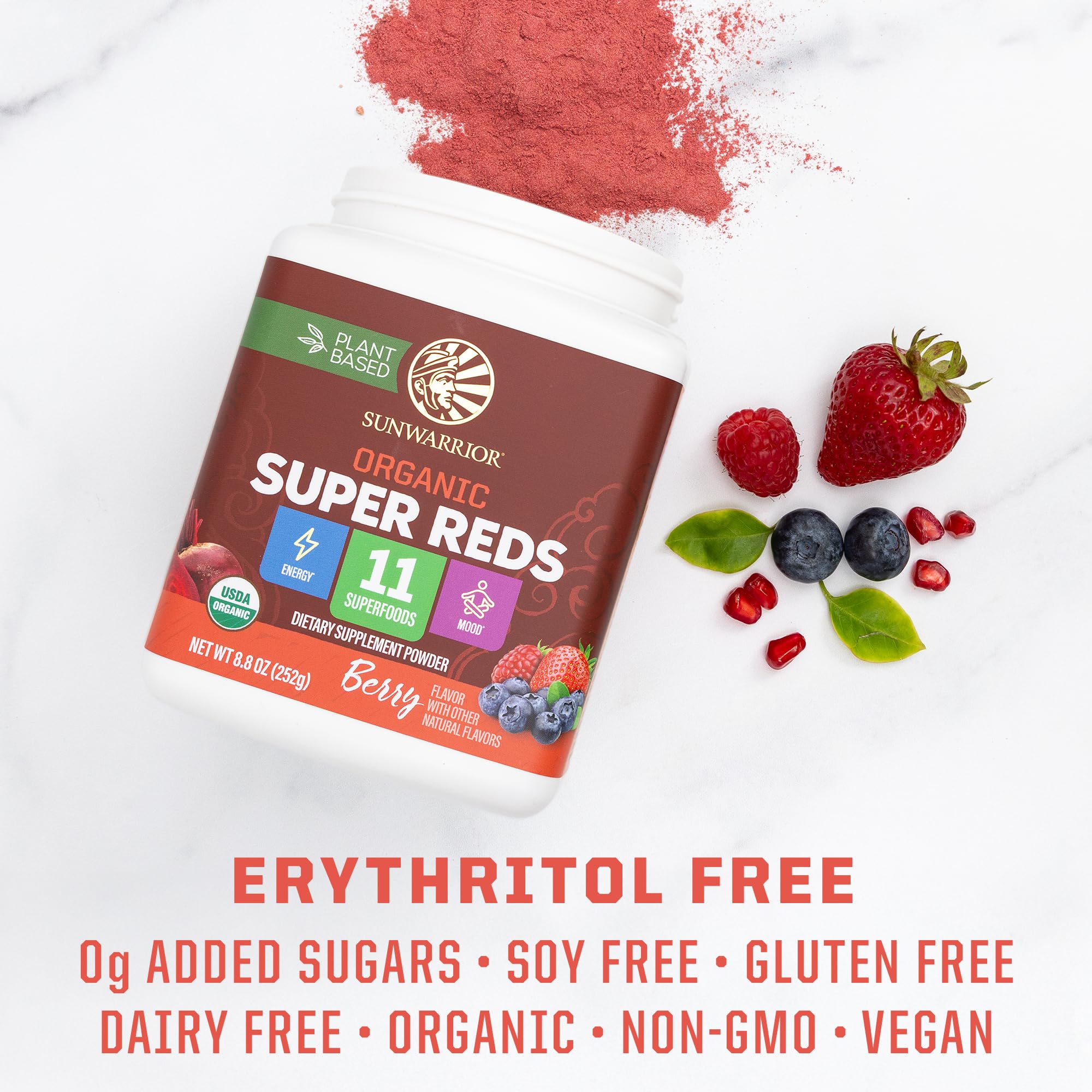 Sunwarrior Organic Super Reds mix stirred into water for a refreshing nutrient boost