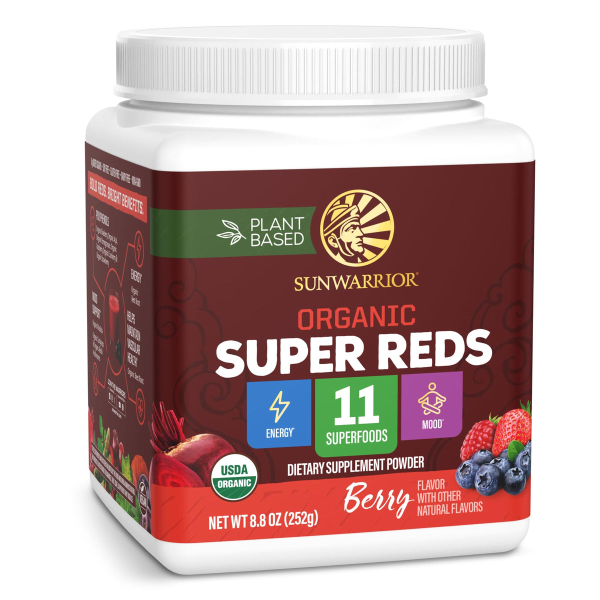 Sunwarrior Organic Super Reds powder scoop ready to power daily energy and wellness routine