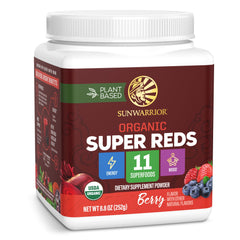 Sunwarrior Organic Super Reds powder scoop ready to power daily energy and wellness routine