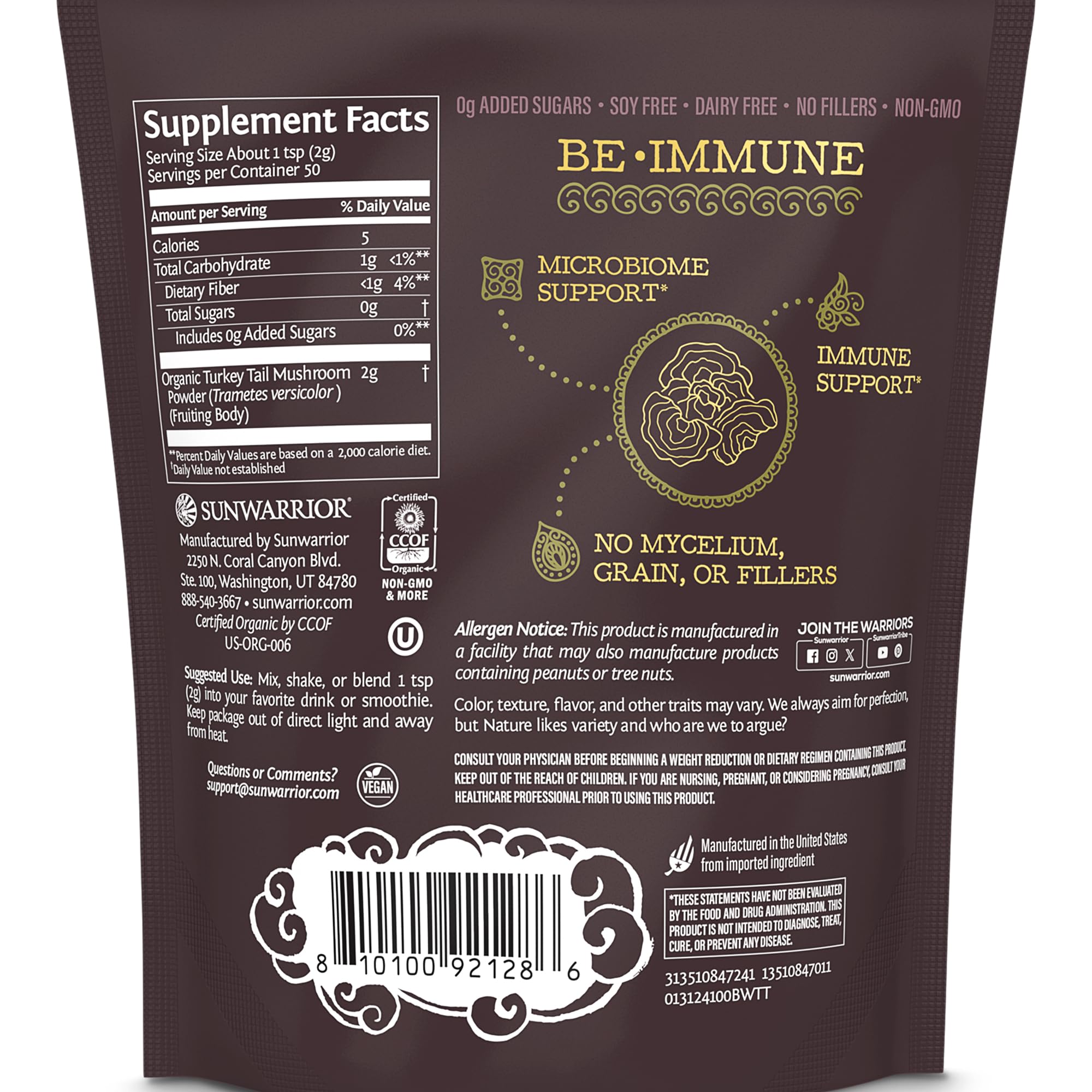 Back panel of Sunwarrior Organic Turkey Tail Mushroom Powder 100g pouch with nutrition info
