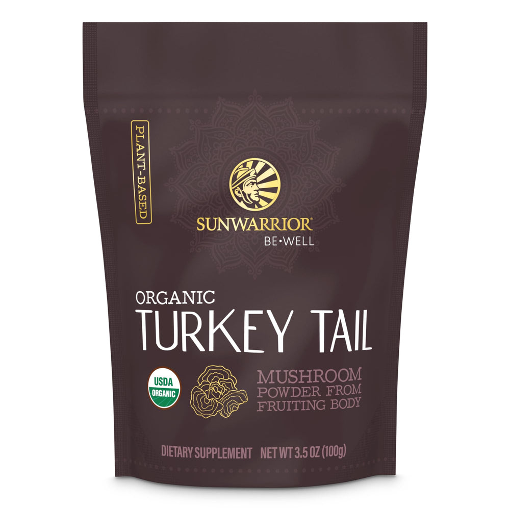 Front view of Sunwarrior Organic Turkey Tail Mushroom Powder 100g pouch
