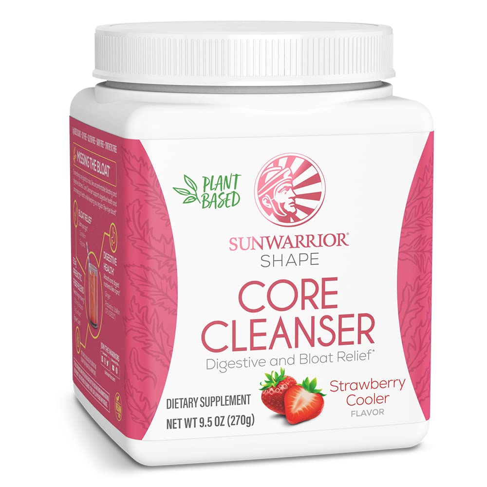 Sunwarrior strawberry cooler powder jar, refreshing prebiotic blend for gut-friendly flavor.