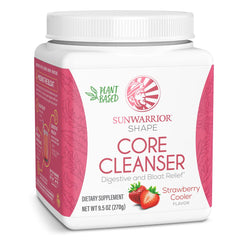 Sunwarrior strawberry cooler powder jar, refreshing prebiotic blend for gut-friendly flavor.