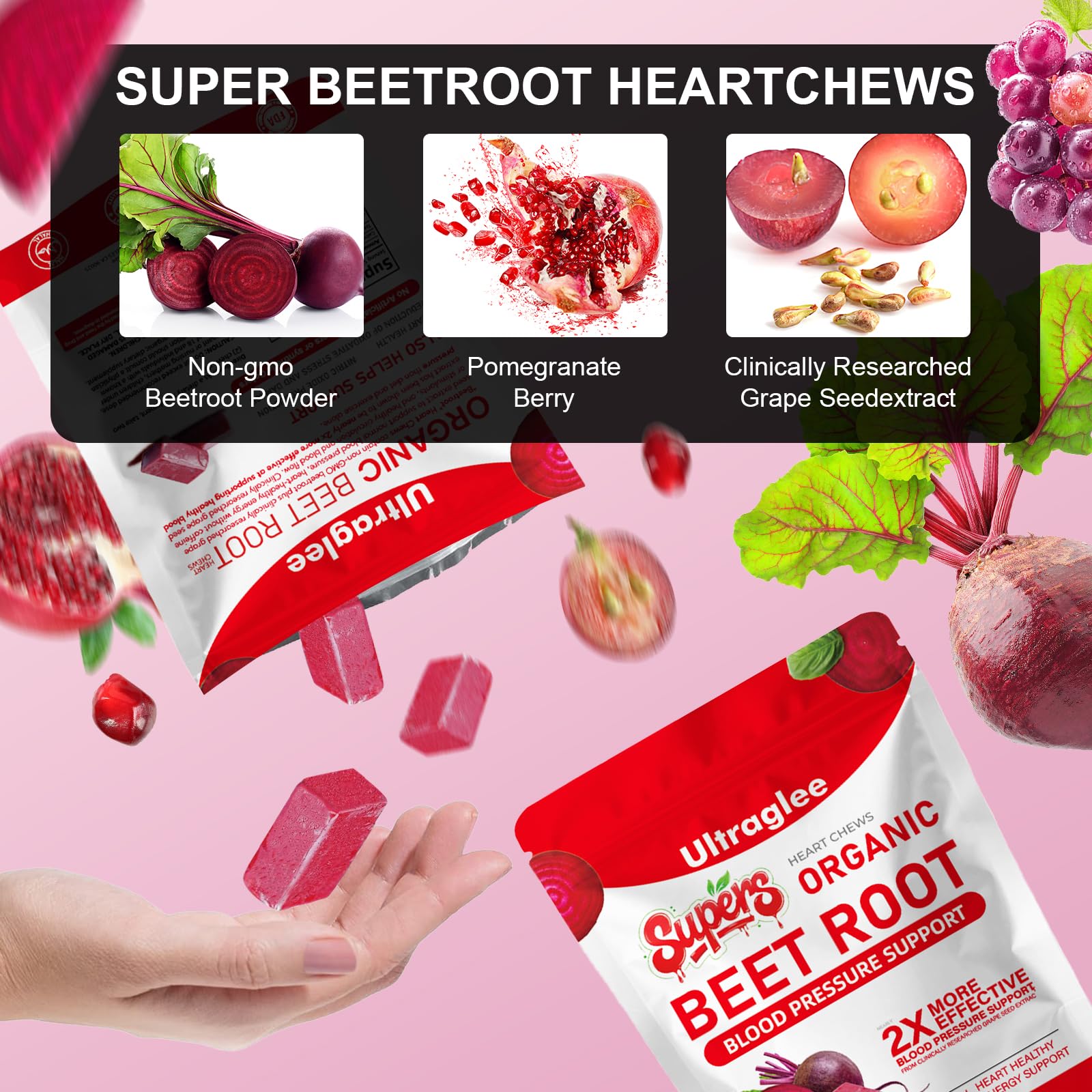Acai berry flavored Super-Beetsroot Heart Chews