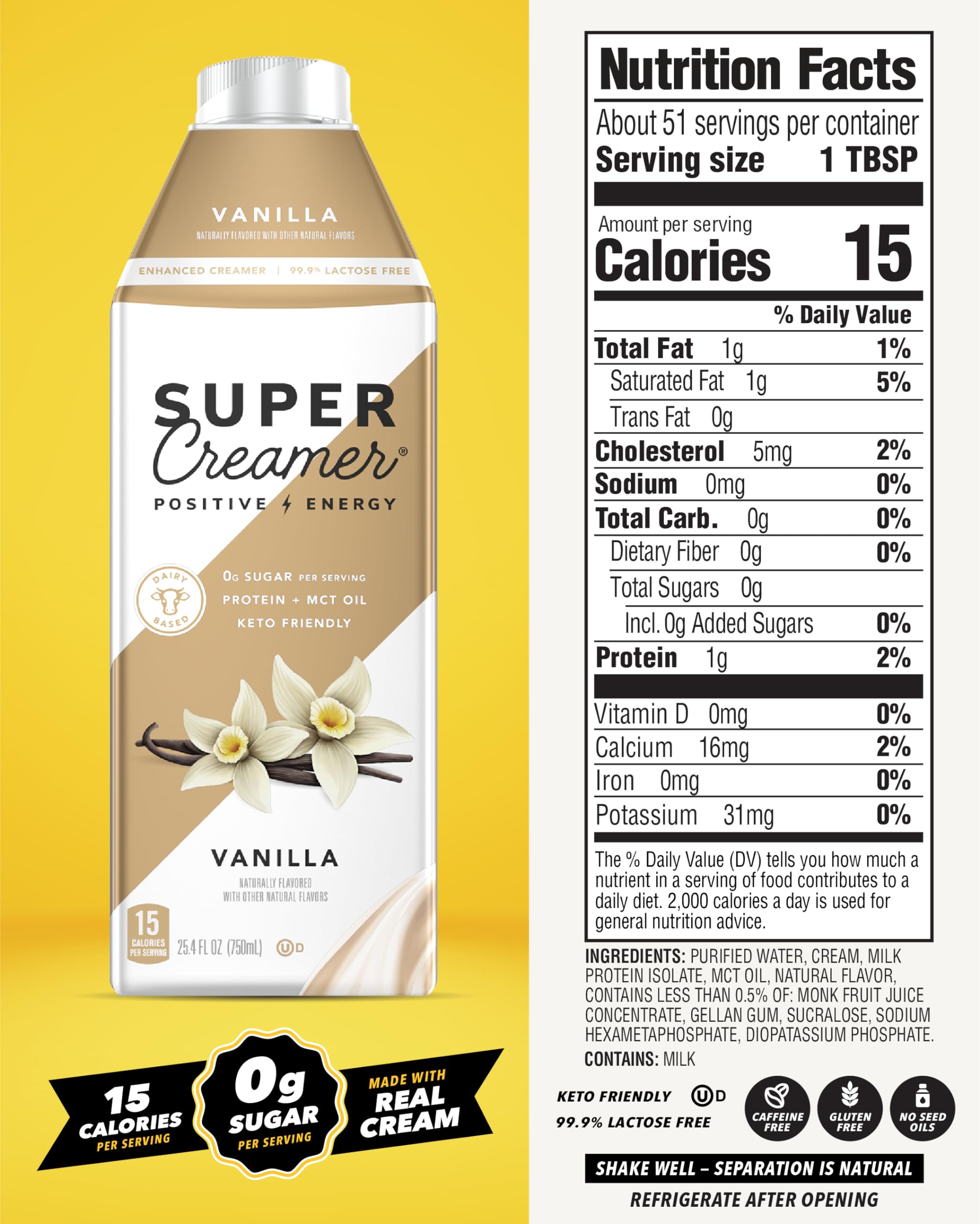 Vanilla Super Creamer serving with 2g protein and 0g sugar