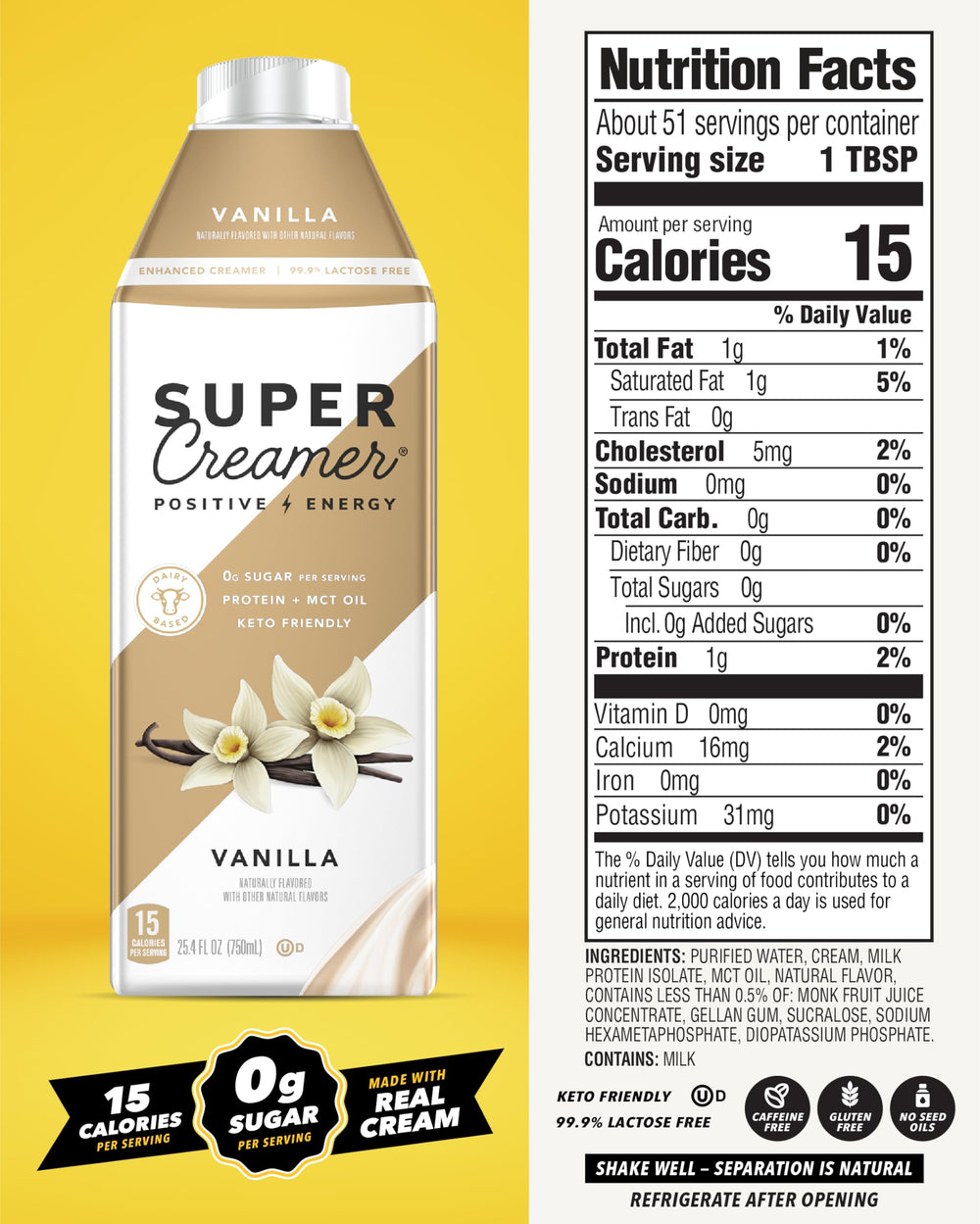 Vanilla Super Creamer serving with 2g protein and 0g sugar