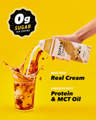 Vanilla flavor Super Creamer bottle on a coffee cup