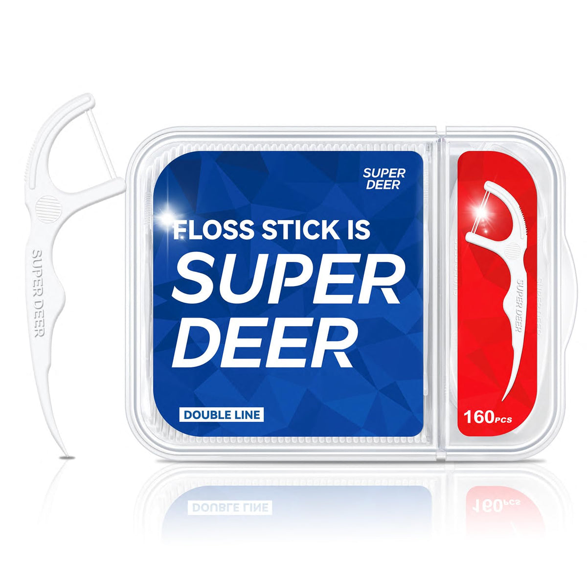 Front view of Super Deer twin-line dental floss picks in storage case