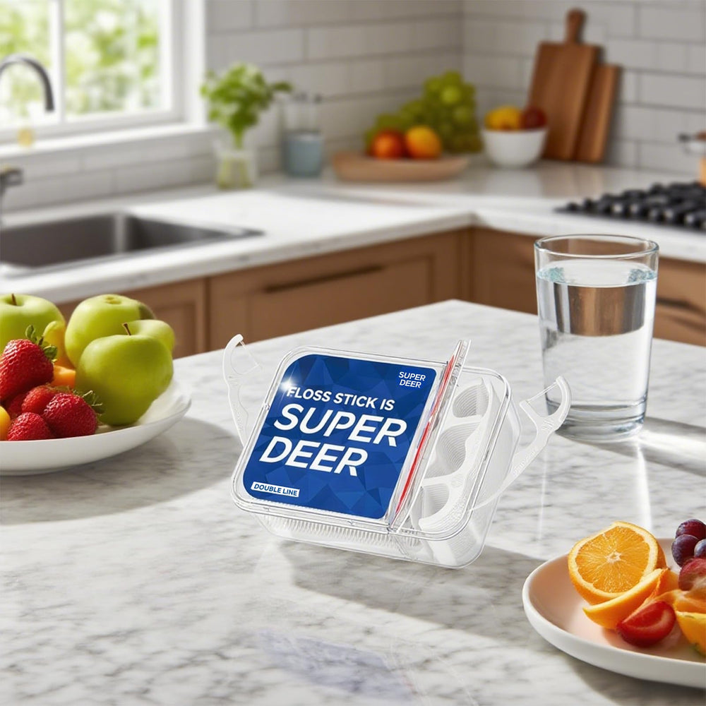 Packaging and 160-piece mega pack of Super Deer floss picks