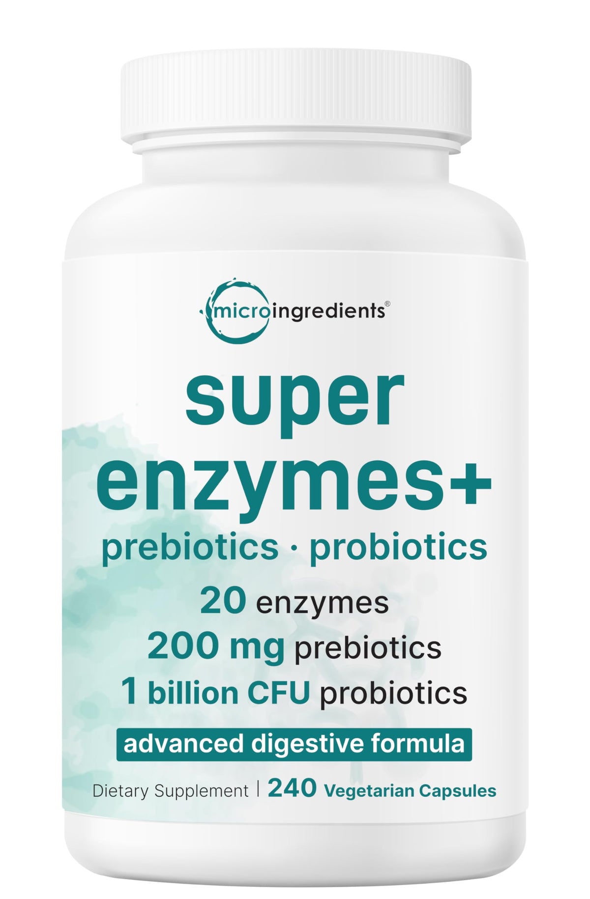 Front view of Super Enzymes bottle with prebiotics and probiotics